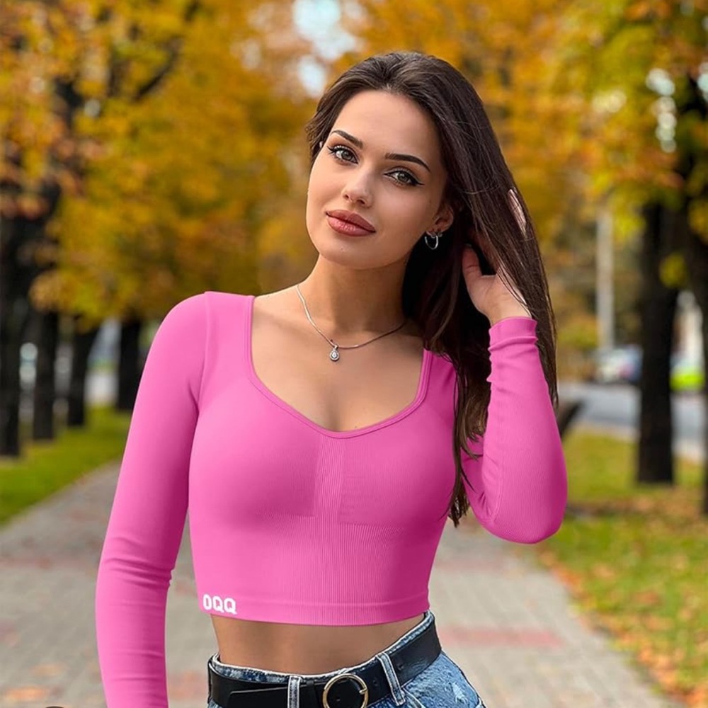 OQQ Pink Ribbed Long Sleeve Crop Top